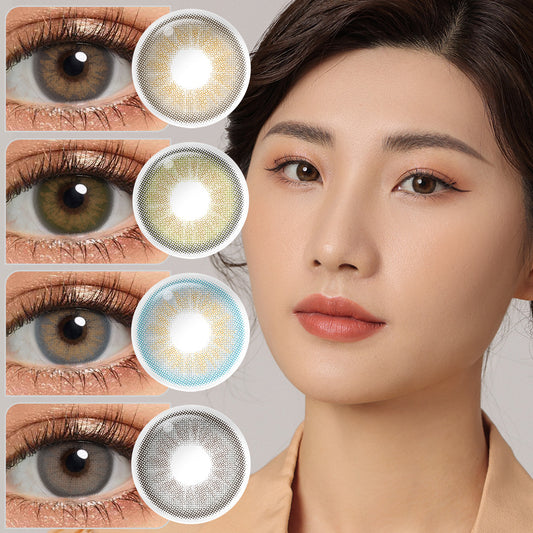A young lady showcasing Desire II eye contact lens, with close-up insets highlighting the natural and enhanced eye colors available.