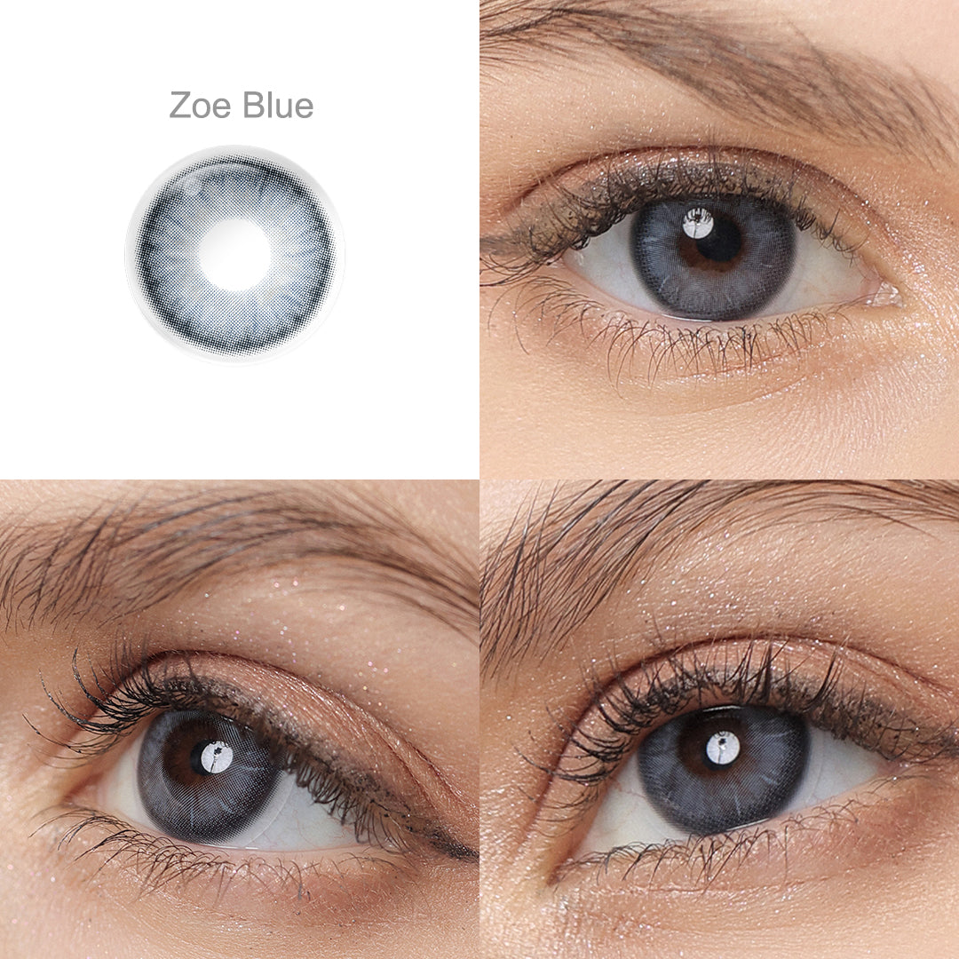 Showcase of one ZOE eye contact lens in natural eye settings, labeled Zoe Blue, demonstrating the transformative effect from 3 sides on the wearer's eye color.