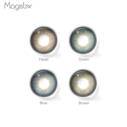 Array of Folga contact lenses in a white case, showcasing 4 colors: hazel, Green,blue and Brown. Each lens is labeled with its color name beneath the case.