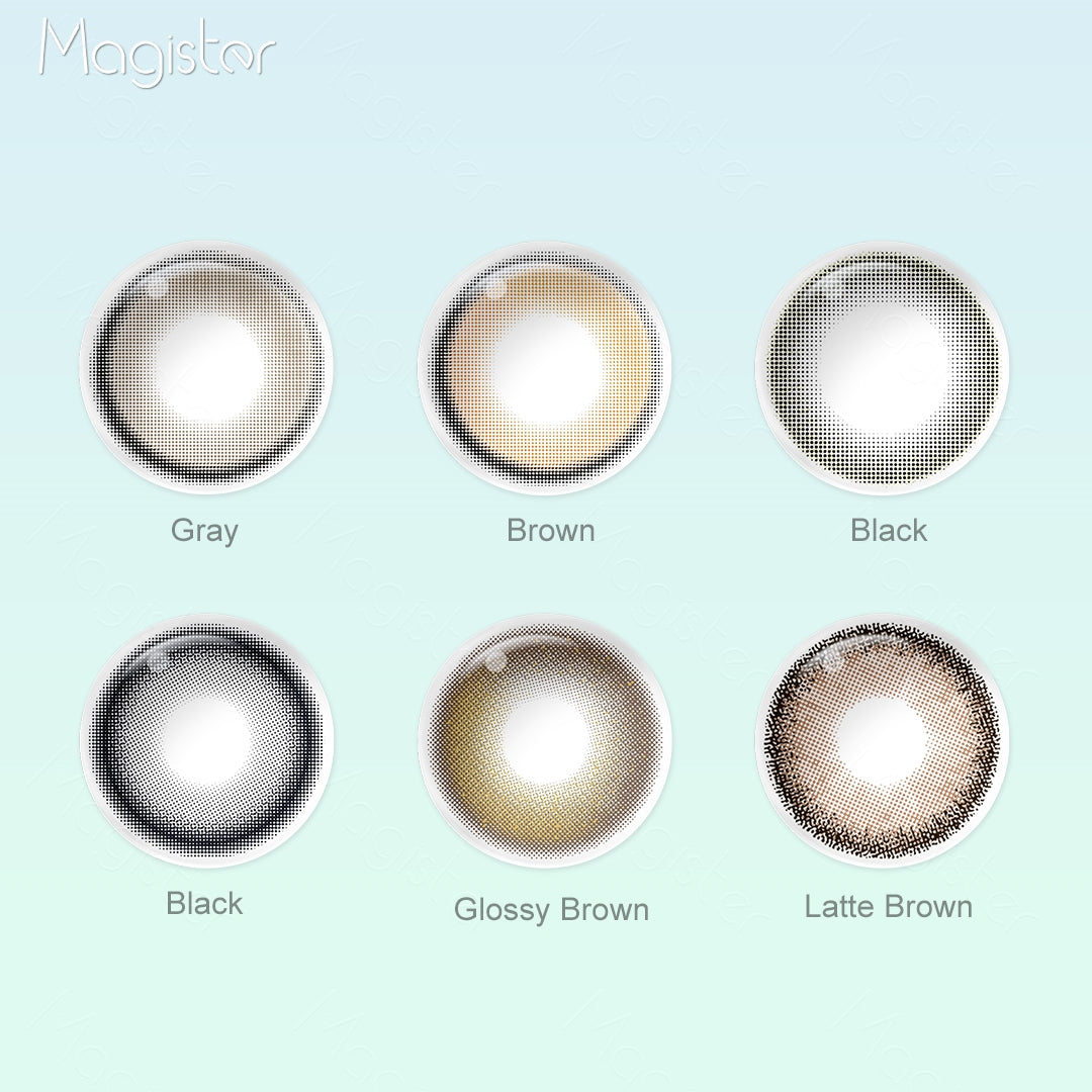 Grid layout of HALO colored contact lenses in various shades with each lens' color name: Gray,Brown,Black with close-up insets highlighting the natural and enhanced eye colors available.