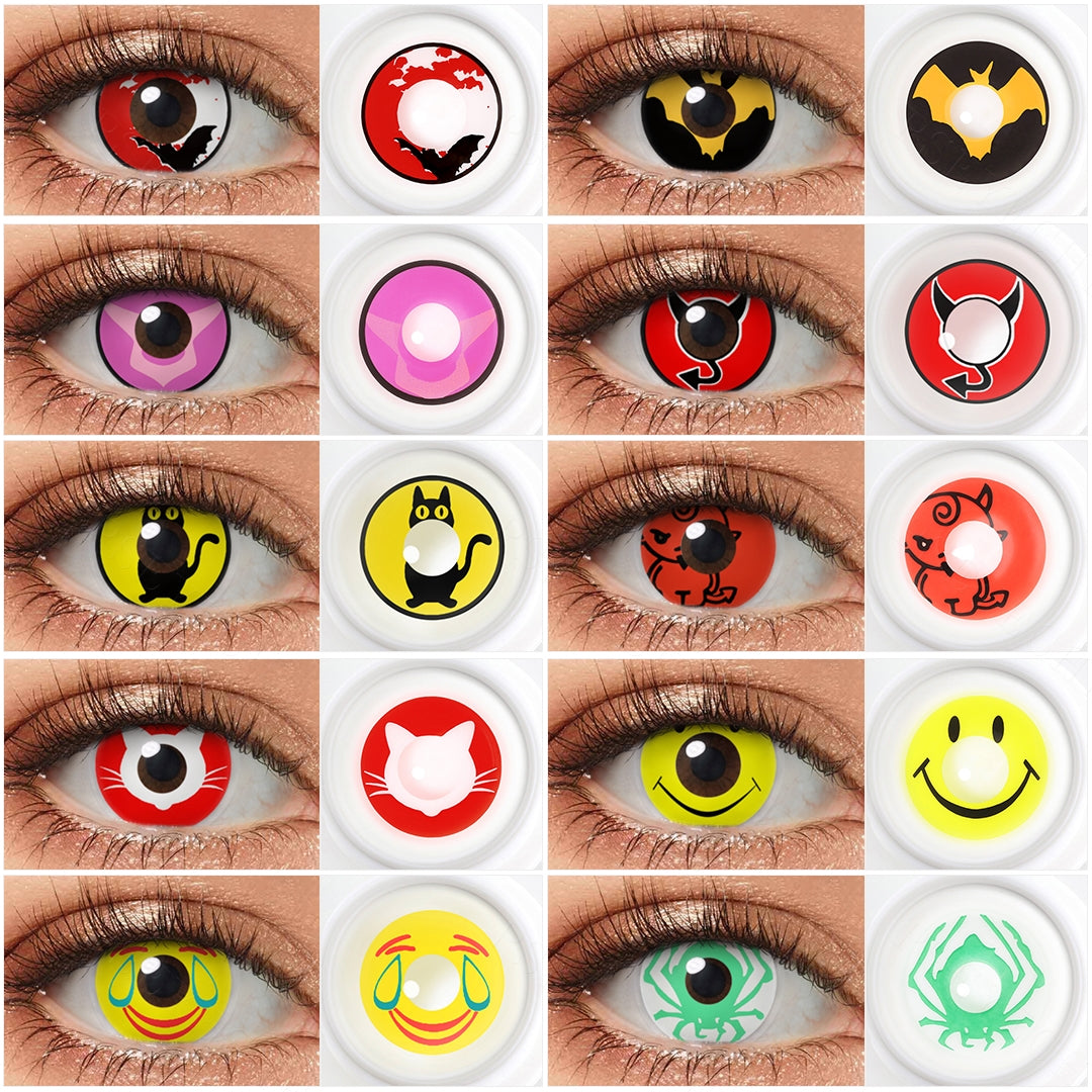 Grid display of 10 shades of Cosplay contacts, showing a variety of shades including Being Lucifer , Red Kitty ,Yellow Smiley ,Tears Of Laughter ,Green Spider ,Bloody Spider,Pink Heart ,Green Dollar Sign ,Borussia Dortmund, each paired with a close-up view of the lens pattern 