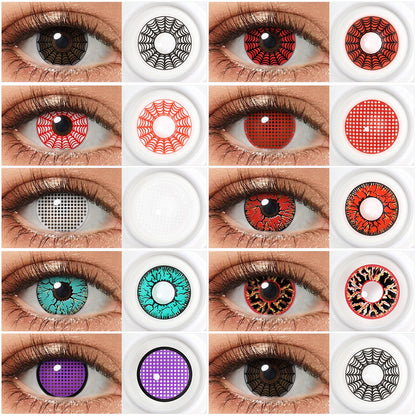 Grid display of 10 shades of Cosplay contacts, showing a variety of shades including White Web Contact Lenses , Red Spider Web Contact Lenses,Red Mesh Contacts, White Mesh Contacts ,Green Spider ,Red Crack Contacts,Green Crack Contacts,Black Red Vein Contact Lenses,purple mesh contacts. each paired with a close-up view of the lens pattern 