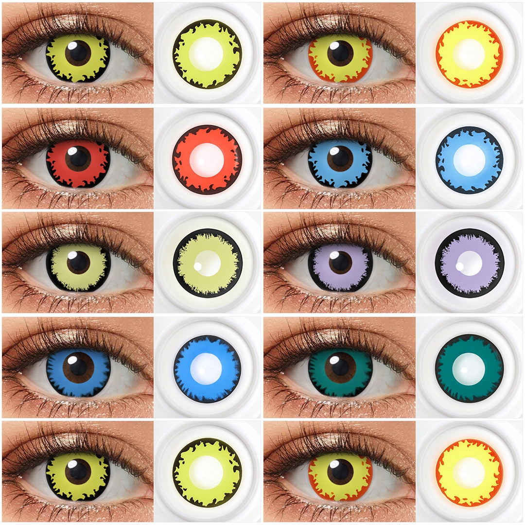 Grid display of 10 shades of Cosplay contacts, showing a variety of shades including Being Twilight Yellow Wolf Eyes Contacts,Twilight Blue Wolf Eyes Contacts,Twilight Red Wolf Eyes Contacts,Light Yellow Werewolf Contacts,Demon Slayer Shinobu Eye Cosplay Contacts,Twilight Blue Werewolf Eyes Contacts,Green Elf Contact Lenses,Twilight Yellow Wolf Eyes Contacts, each paired with a close-up view of the lens pattern 