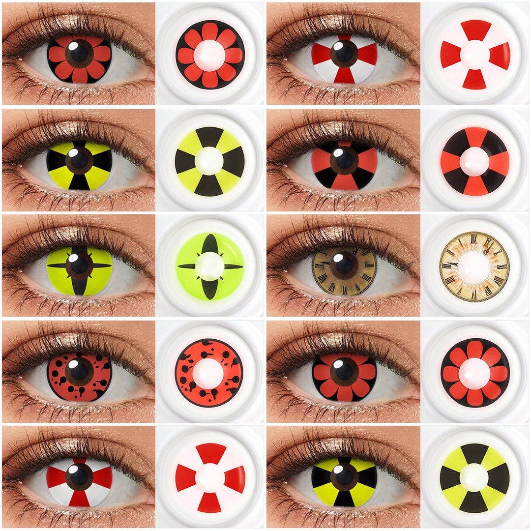 Grid display of 7 shades of Cosplay contacts, showing a variety of shades including  Red Daisy Contact Lenses , Red White BioHazard Contacts,Yellow BioHazard Contact Lenses, Red Black Cross Contacts,Compass Contacts,Date A Live Kurumi Clock Eye Contacts,Red Spots Contacts,. each paired with a close-up view of the lens pattern 