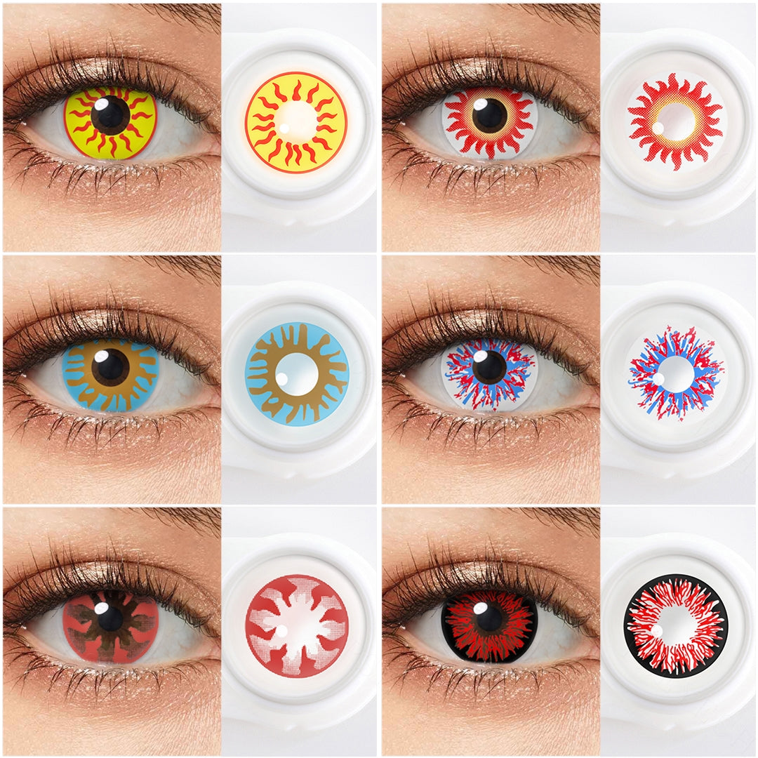 Grid display of 6 shades of Cosplay contacts, showing a variety of shades including Sun Flame Halloween Contacts,Sunflower Contact Lenses,Magic Blue Contact Lenses,Harlequin Contact Lenses,Twilight Breaking Contacts,Devil Red Contacts, each paired with a close-up view of the lens pattern 