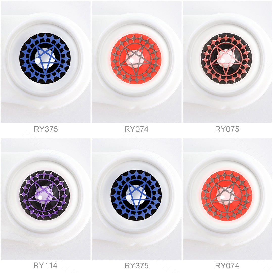 Array of cosplay contact lenses in a white case, showcasing 4 colors: Blue Butler Ciel Phantomhive Eye Contacts , red Butler Ciel Phantomhive Eye Contacts ,Black Butler Ciel Phantomhive Eye Contacts ,Purple Butler Ciel Phantomhive Eye Contacts ,Each lens is labeled with its color name beneath the case.