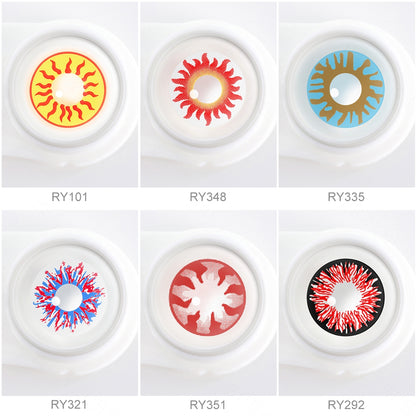 Array of cosplay contact lenses in a white case, showcasing 6 colors: Sun Flame Halloween Contacts,Sunflower Contact Lenses,Magic Blue Contact Lenses,Harlequin Contact Lenses,Twilight Breaking Contacts,Devil Red Contacts. Each lens is labeled with its color name beneath the case.