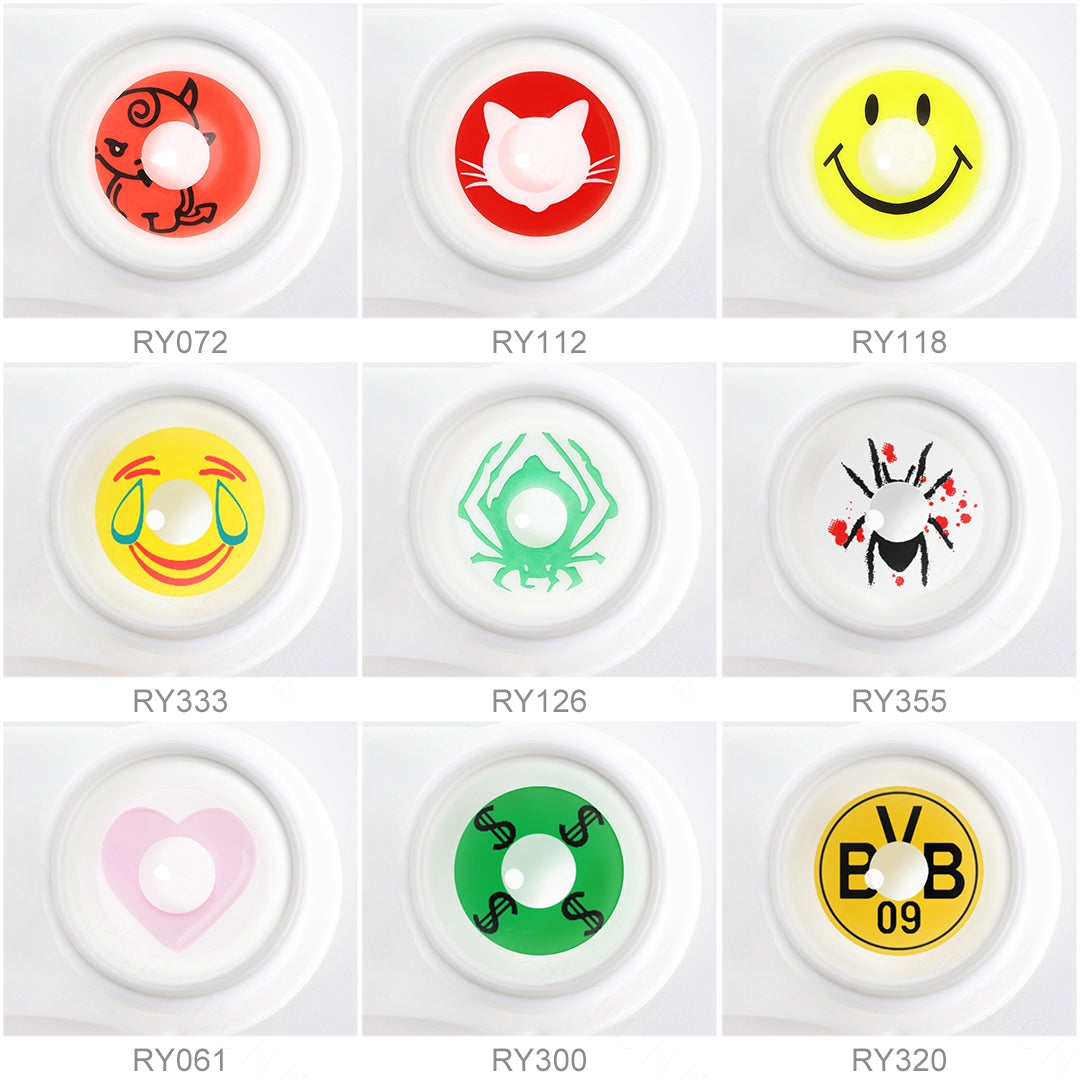 Array of cosplay contact lenses in a white case, showcasing 9 colors: Being Lucifer , Red Kitty ,Yellow Smiley ,Tears Of Laughter ,Green Spider ,Bloody Spider,Pink Heart ,Green Dollar Sign ,Borussia Dortmund. Each lens is labeled with its color name beneath the case.