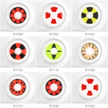 7 shade of cosplay contact lenses: Red Daisy Contact Lenses , Red White BioHazard Contacts,Yellow BioHazard Contact Lenses, Red Black Cross Contacts,Compass Contacts,Date A Live Kurumi Clock Eye Contacts,Red Spots Contacts,