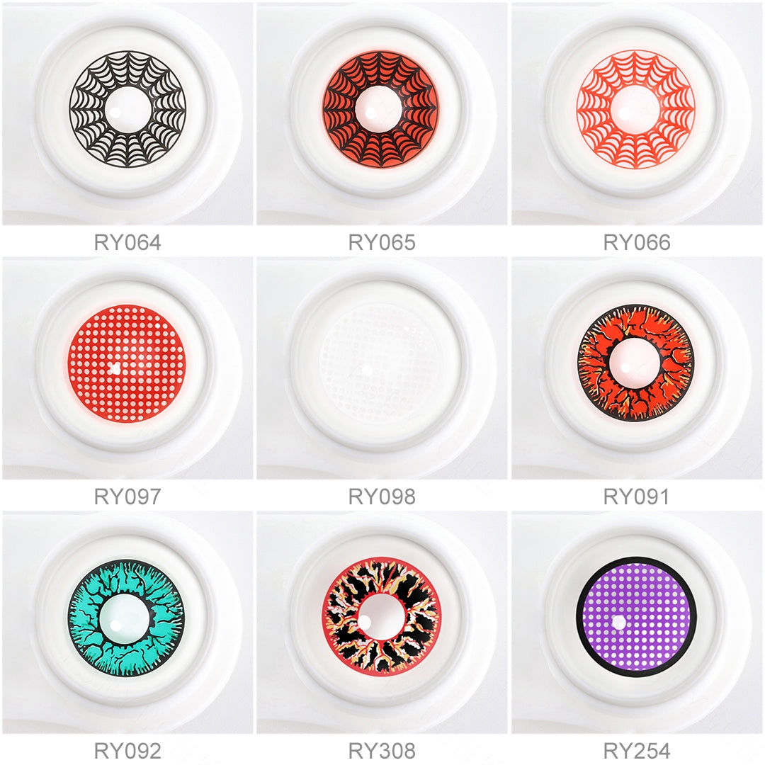 9 shade of cosplay contact lenses: White Web Contact Lenses,Red Spider Web Contact Lenses,Red Mesh Contacts, White Mesh Contacts ,Green Spider ,Red Crack Contacts,Green Crack Contacts,Black Red Vein Contact Lenses,purple mesh contacts. 