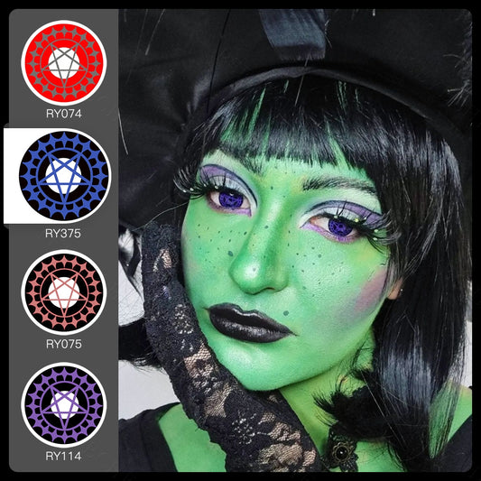 A yong lady showcasing Cosplay Contact Lenses, with close-up insets highlighting halloween and enhanced eye colors available 