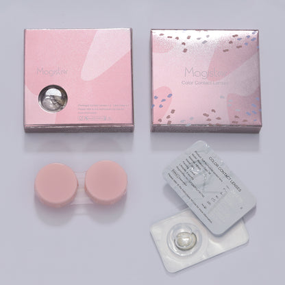 display a magister contact lenses pink package box with shine and beautiful pattern ,one box contain with 2 pcs lenses plus 1 pc lens case