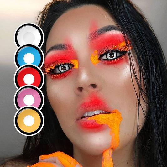 showcasing 5 colors of Manson Halloween Contact Lenses, A dark-eyed model display the eyes effect of the colors white Manson with close-up insects highlighting the natural and enhanced eye colors available.