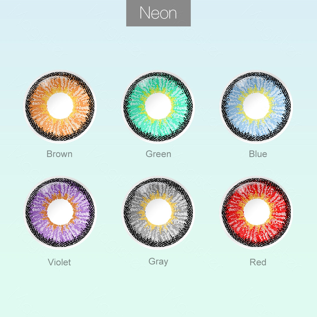 Grid layout of NEON colored contact lenses in various shades with each lens' color name: Brown, Green,Vlue, Violet,Gray,Red with close-up insets highlighting the natural and enhanced eye colors available.
