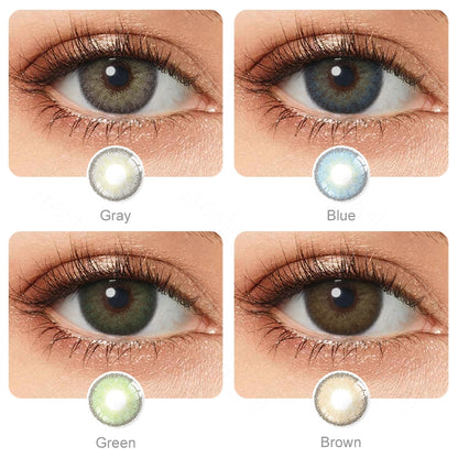 Grid display of 4 shades of Premium Candy Colored Contacts, showing a variety of shades, each paired with a close-up view of the lens pattern
