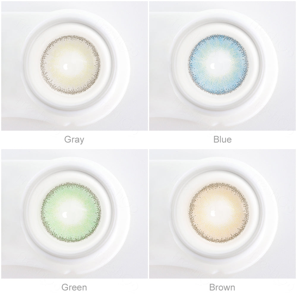 Array of Premium Candy Colored Contacts in a white case, showcasing 4 colors, Each lens is labeled with its color name beneath the case.