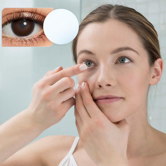 A young lady showcasing Prescription contact lenses, with close-up insets highlighting the natural and enhanced eye available.