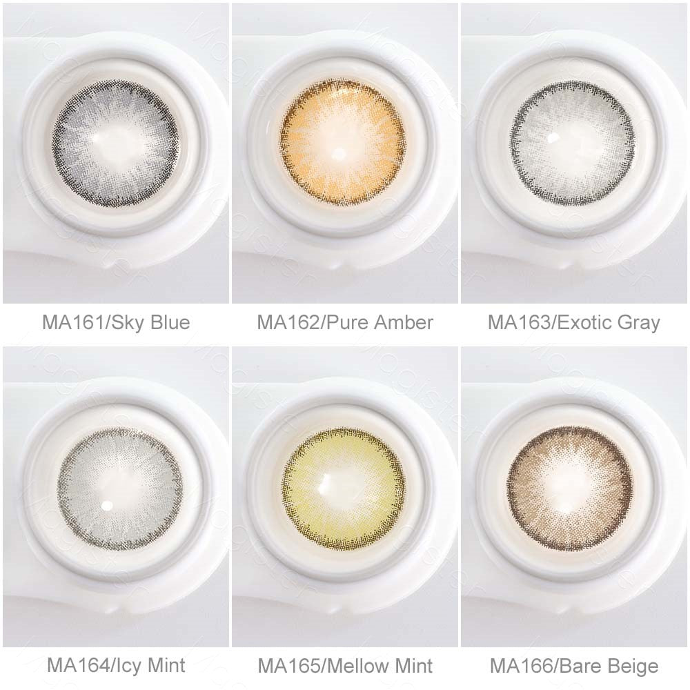 Array of RADIANT contact lenses in a white case, showcasing 4 colors: Sky blue, Pure Amber, Exotic Gray, Icy Mint, Mellow Mint and Bare Beige. Each lens is labeled with its color name beneath the case.