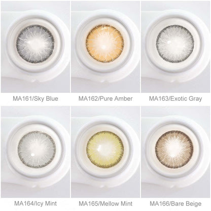 Array of RADIANT contact lenses in a white case, showcasing 4 colors: Sky blue, Pure Amber, Exotic Gray, Icy Mint, Mellow Mint and Bare Beige. Each lens is labeled with its color name beneath the case.