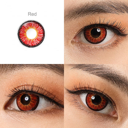 NEON RED Cosmetic Contacts, the effect on a brown-eyed model in 3 different angel.
