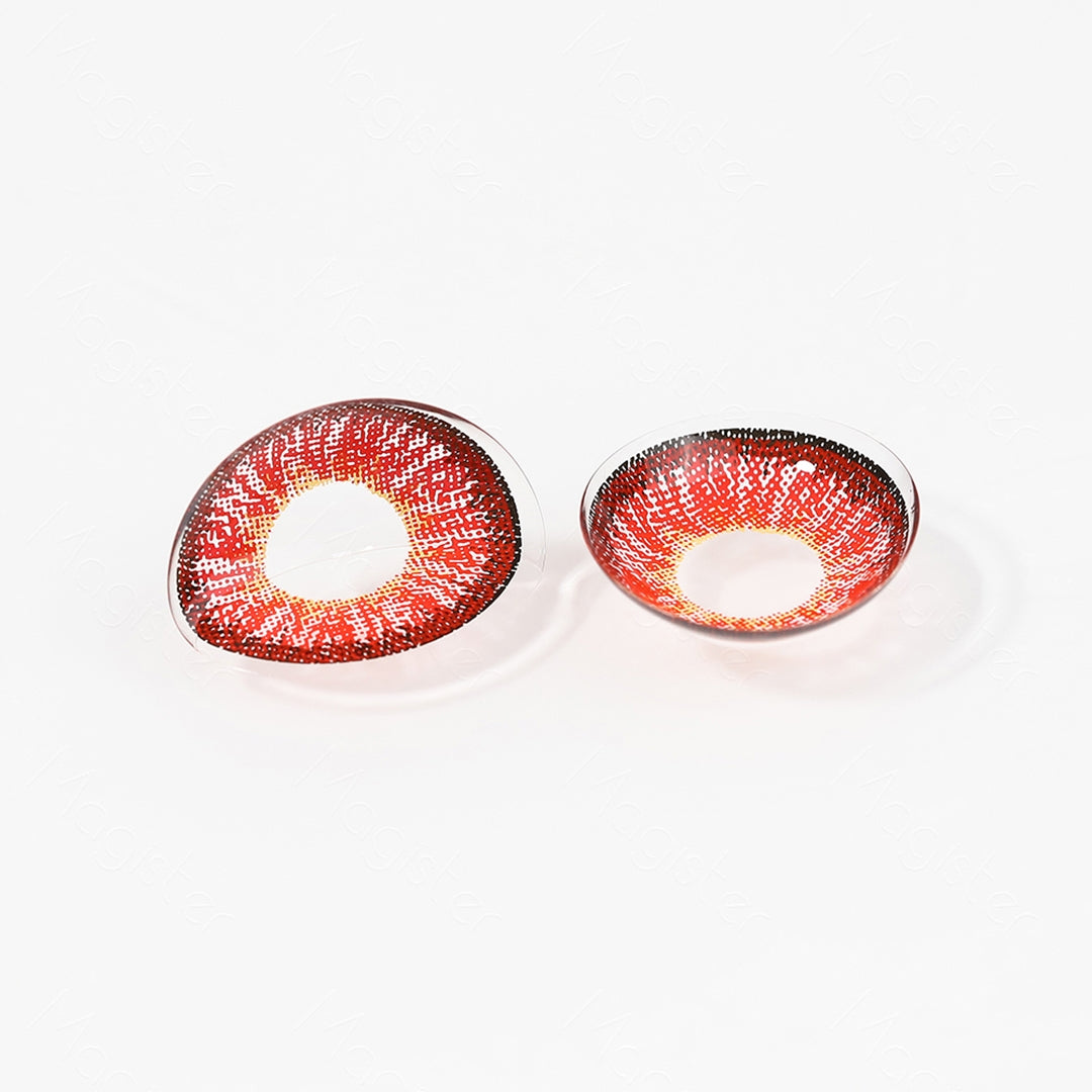 2 pcs lenses of NEON RED contact lenses on a white surface, showing the details of the lens from the front and back