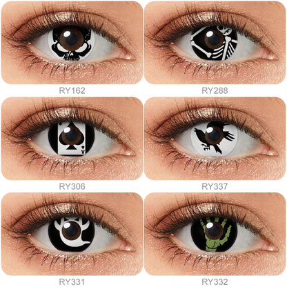 Grid display of 6 shades of Cosplay Scary Costume Contacts, showing a variety of shades, each paired with a close-up view of the lens pattern