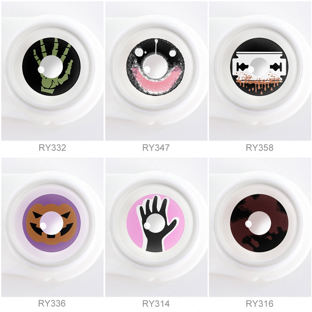 Array of cosplay Scary Costume Contacts in a white case, showcasing 6 colors, Each lens is labeled with its color name beneath the case.
