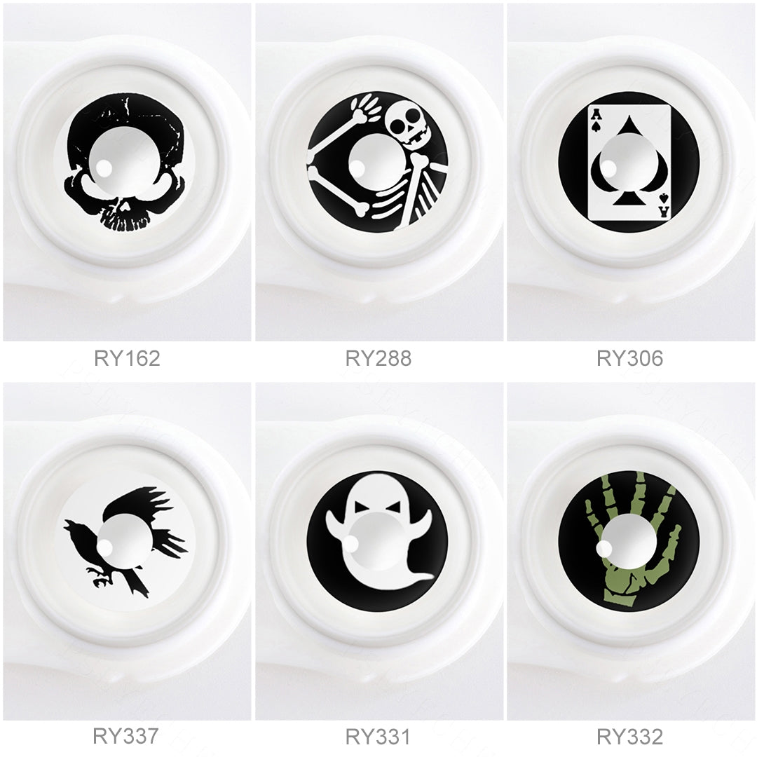 Array of cosplay Scary Costume Contacts in a white case, showcasing 6 colors, Each lens is labeled with its color name beneath the case.