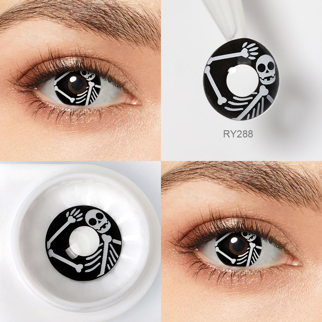 Grid display of 1 shade of Scary Costume Contacts- Black Skeleton, with a close-up view of the real lens and the wearing effect on a model‘s eye.