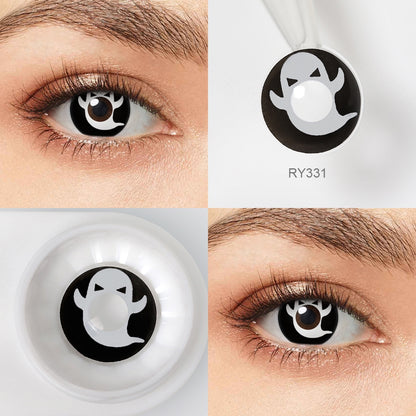 Grid display of 1 shade of Scary Costume Contacts- White Ghost Pattern Halloween Contacts, with a close-up view of the real lens and the wearing effect on a model‘s eye.