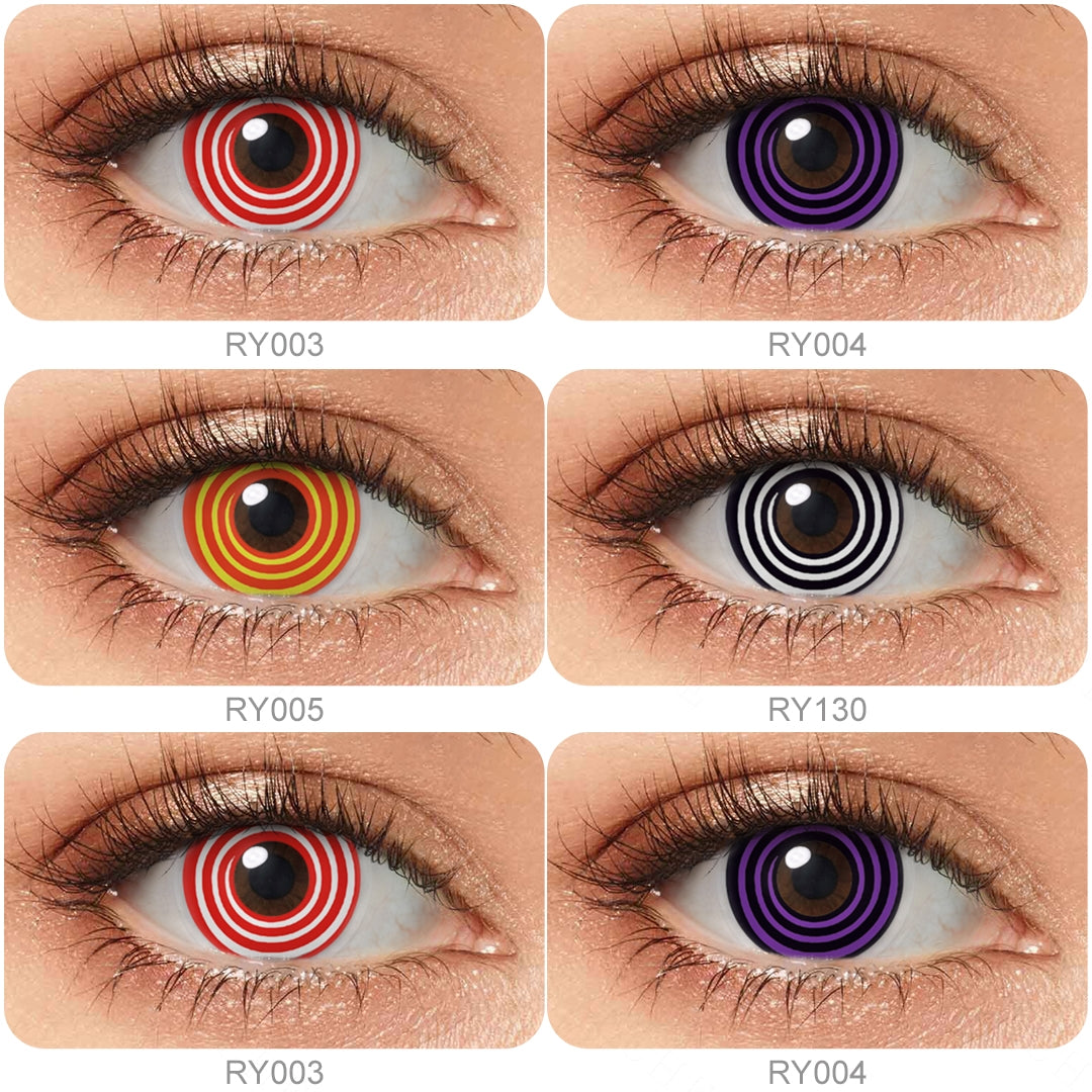 Grid display of 4 shades of Cosplay Spiral Costume Contacts, showing a variety of shades including Red, Violet, Black, Chainsaw Man Makima,  each paired with a close-up view of the lens pattern