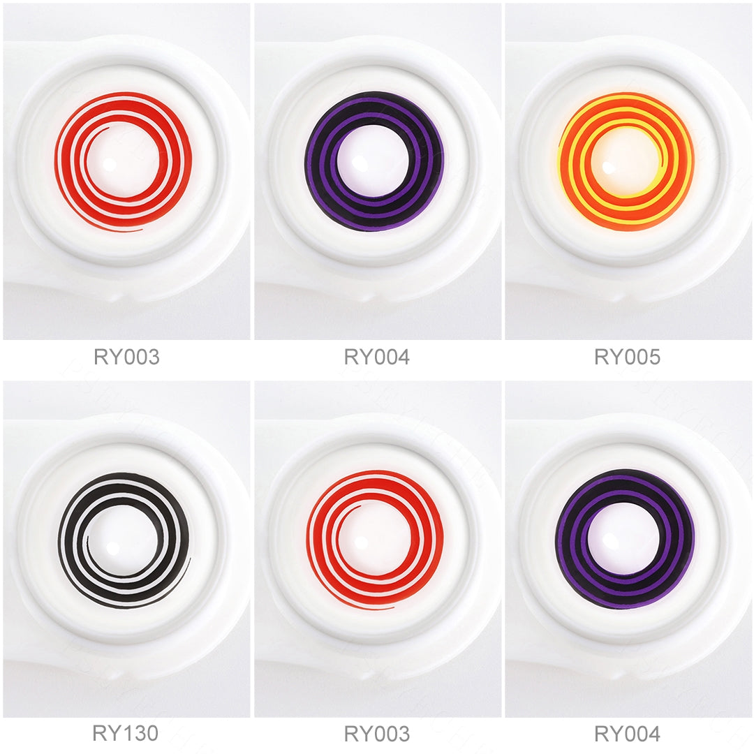Array of cosplay Spiral Costume Contacts in a white case, showcasing 4 colors: Red, Violet, Black, Chainsaw Man Makima. Each lens is labeled with its color name beneath the case.