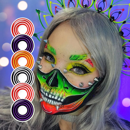 A yong lady showcasing Cosplay Spiral Costume Contacts, with close-up insets highlighting halloween and enhanced eye colors available.