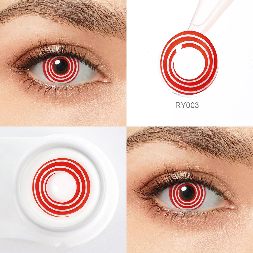 Grid display of 1 shade of Red Spiral Costume Contacts, with a close-up view of the real lens and the wearing effect on a model‘s eye.