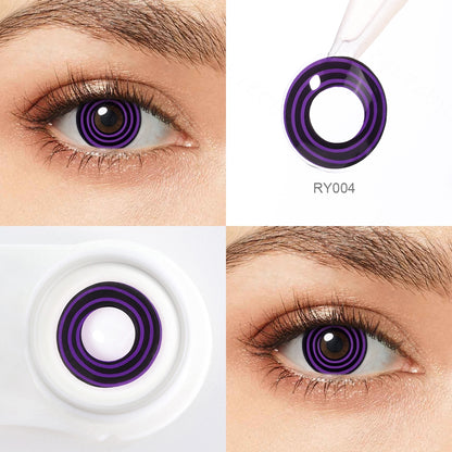 Grid display of 1 shade of Violet Spiral Costume Contacts, with a close-up view of the real lens and the wearing effect on a model‘s eye.