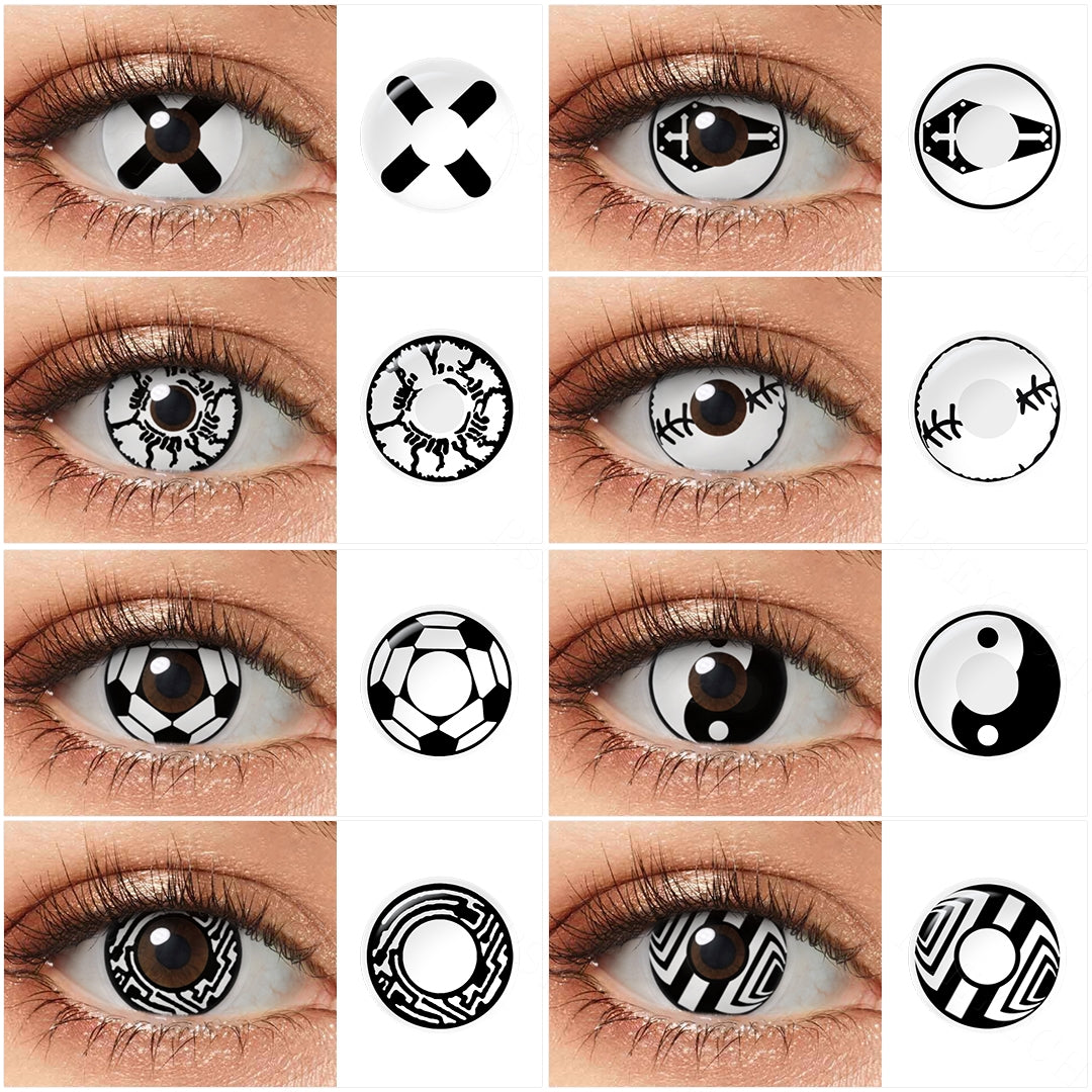 Variety of spooky  halloween contacts color displayed on a model's eyes, showcasing 8 different shades.