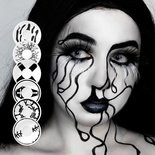 A young cosplayer showcasing Spooky halloween contact with 6 Variants, one black with white variant with close-up insets highlighting on the wearer's eye color.