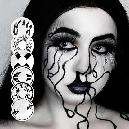 A young cosplayer showcasing Spooky halloween contact with 6 Variants, one black with white variant with close-up insets highlighting on the wearer's eye color.