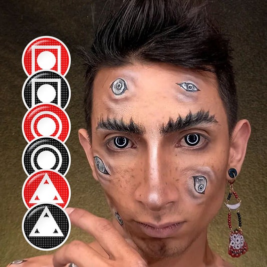 A young cosplayer showcasing eye cat halloween contact with 6 Variants, one black with white variant with close-up insets highlighting on the wearer's eye color