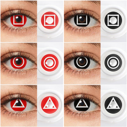 Variety of Squid Game halloween contacts color displayed on a model's eyes, showcasing 6 different shades.