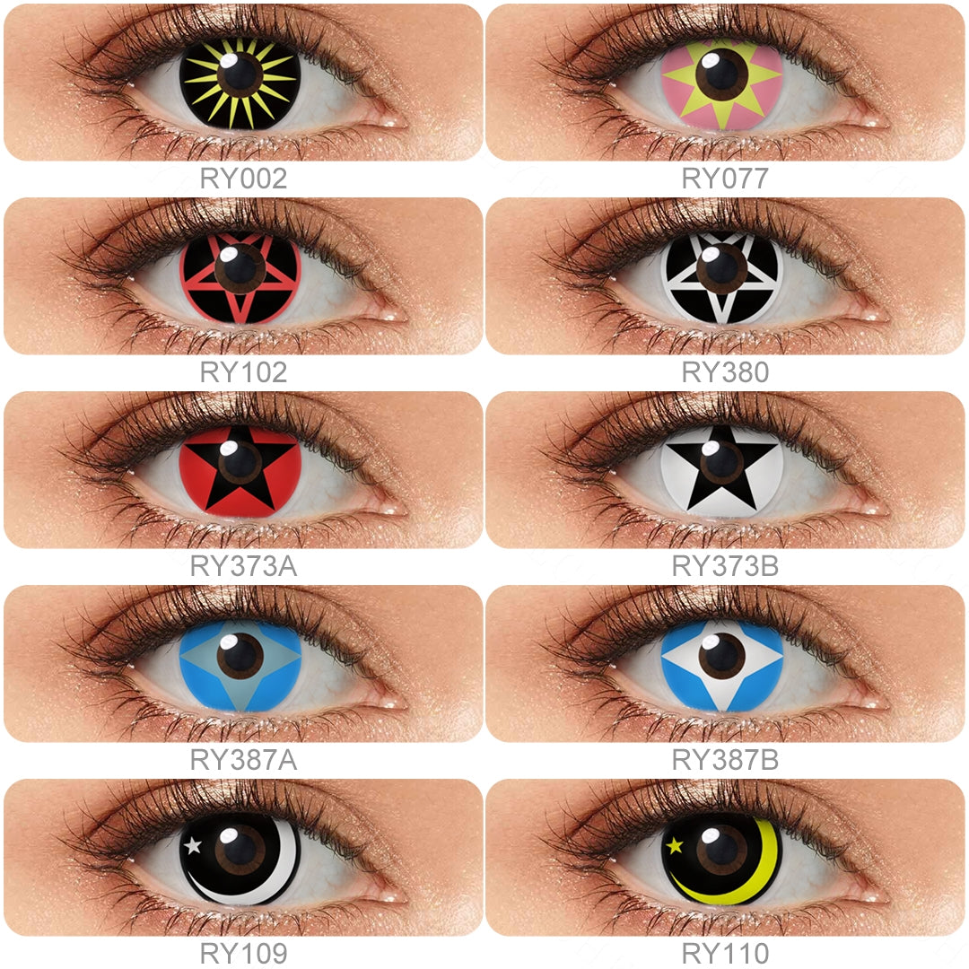 Grid layout of Star anise Costume Contacts in various shades with each lens' color name with close-up insets highlighting the natural and enhanced eye colors available, on a soft gradient background.