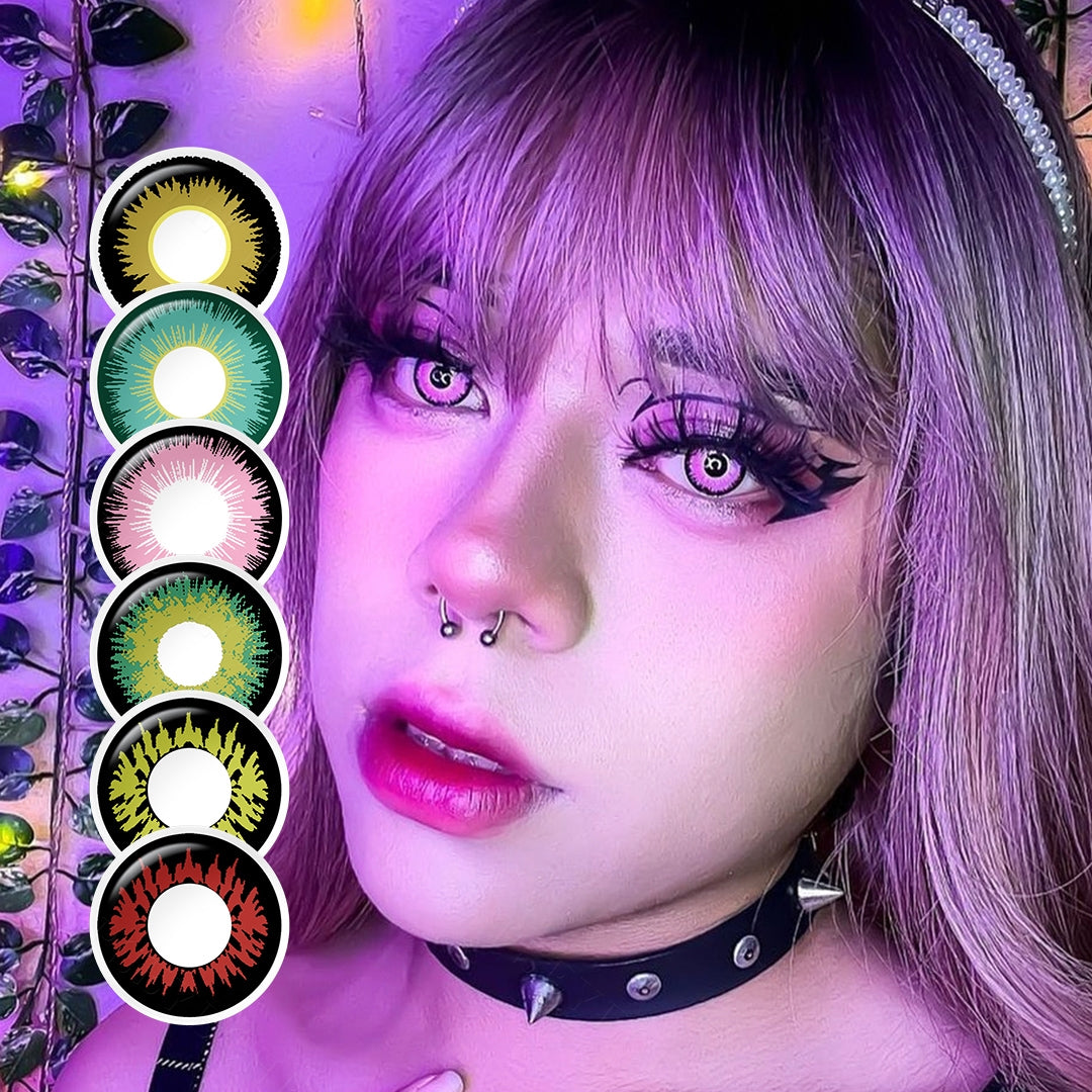 A young cosplayer showcasing Sun Halloween cosplay color contact lenses with 9 Variants with variant with close-up insets highlighting on the wearer's eye color