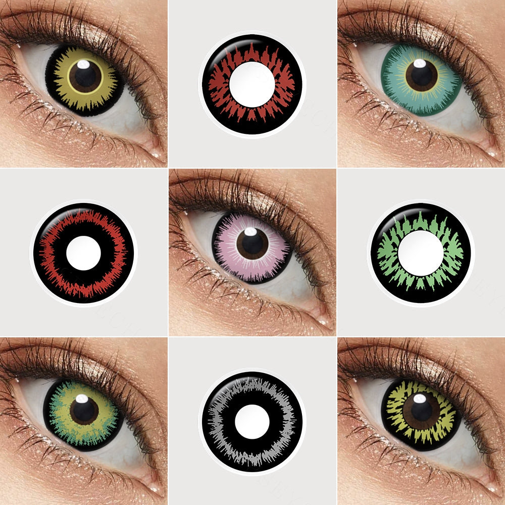 Variety of Sun Halloween Cospaly contact lenses colors displayed on a model's eyes, showcasing 4 different shades.