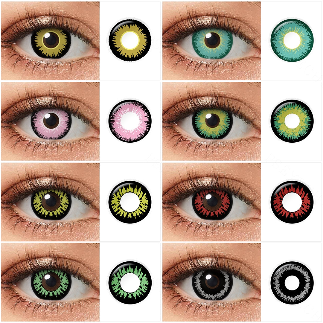 Variety of Sun Halloween Cospaly contact lenses colors displayed on a model's eyes, showcasing 9 different shades.