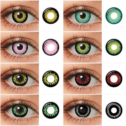 Variety of Sun Halloween Cospaly contact lenses colors displayed on a model's eyes, showcasing 9 different shades.