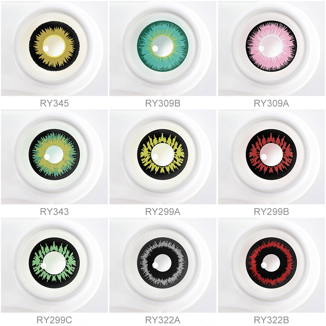 Array of Sun Halloween Costume Contacts in a white case, showcasing 9 different colors. Each lens is labeled with its color number beneath the case.