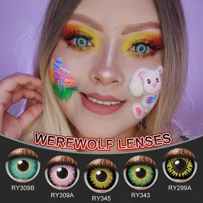 A young lady showcasing Werewolf Costume Contacts, with close-up insets highlighting the effect and change eye colors available.