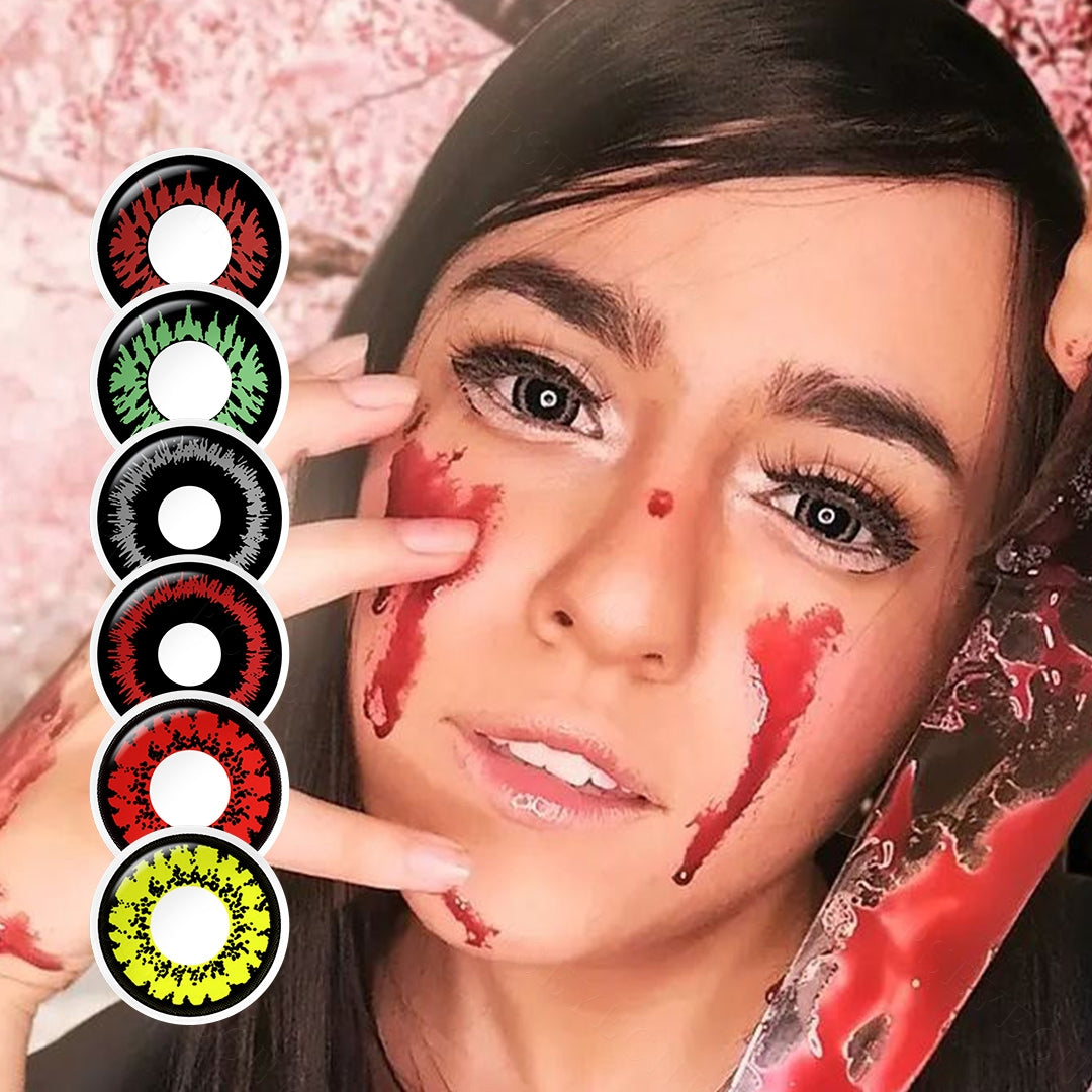 A young lady showcasing 6 Colors Costume Contacts, with close-up insets highlighting the effect and change eye colors available.