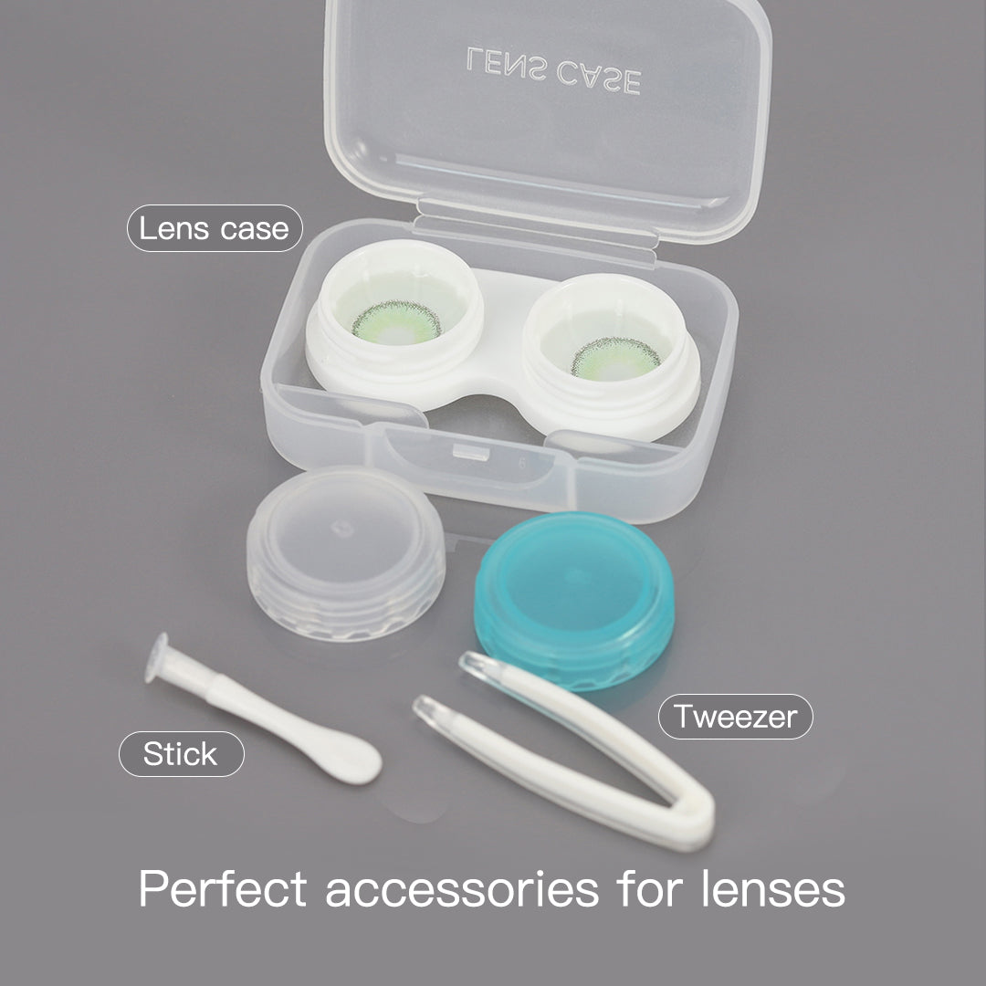 Product presenting putting lens in case, tweezers & applicator.