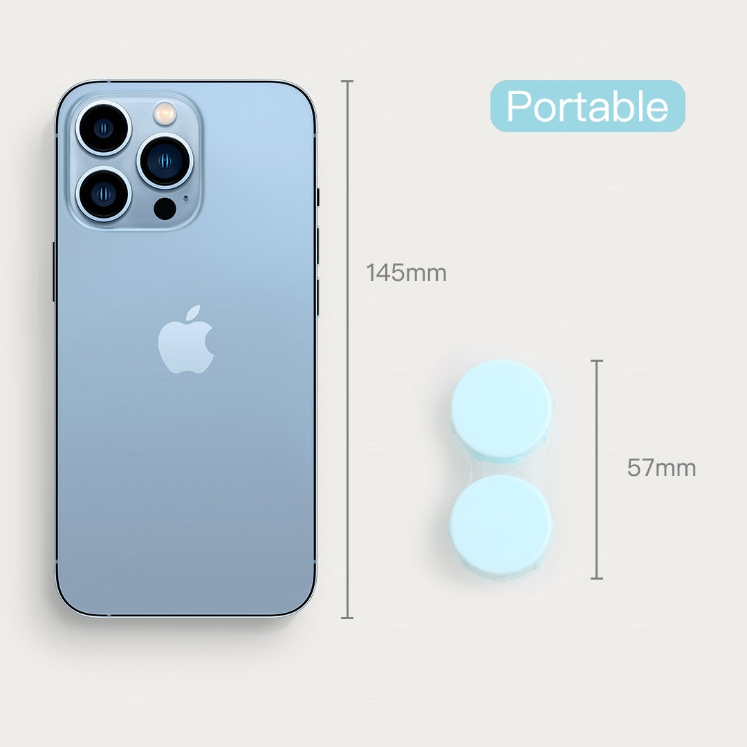 The illustration depicts a size comparison between an iPhone 15 Pro and a blue contact lens case, showcasing the dimensions of both items for visual reference.